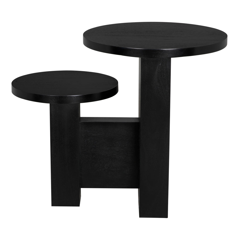 The Mikasa Side Table features two round tabletops at different heights, supported by bold vertical legs and a horizontal panel, offering a stylish and modern accent for any contemporary room.