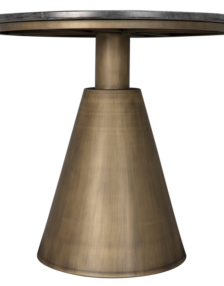 The Nara side table features a round, dark smooth top and a wide conical metallic base in brushed brass, combining industrial design with modern minimalism for a striking accent piece.
