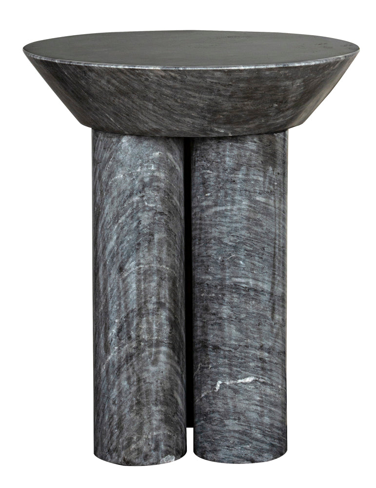The Nox Side Table, B is a modern round side table handcrafted from gray, veined marble with a flat top and three thick cylindrical legs, adding elegance and sophistication to any space.