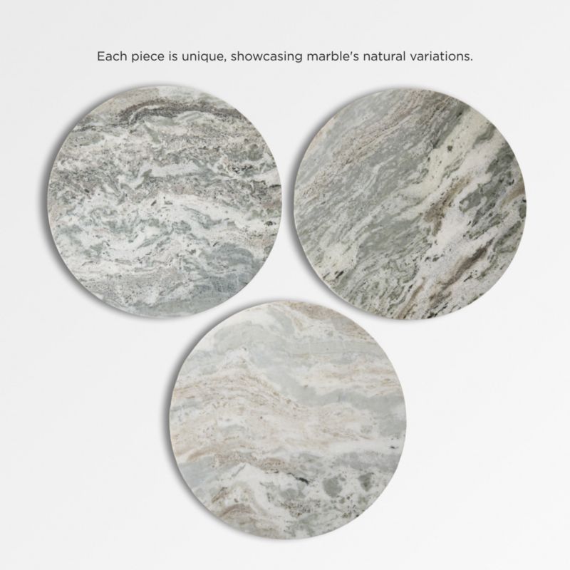 Three round tiles display unique gray, white, and beige marble patterns on a white background. Text above reads: Each piece of marble is one-of-a-kind—perfect inspiration for your custom Grey Marble Bistro Table, available in a 30-inch round size.