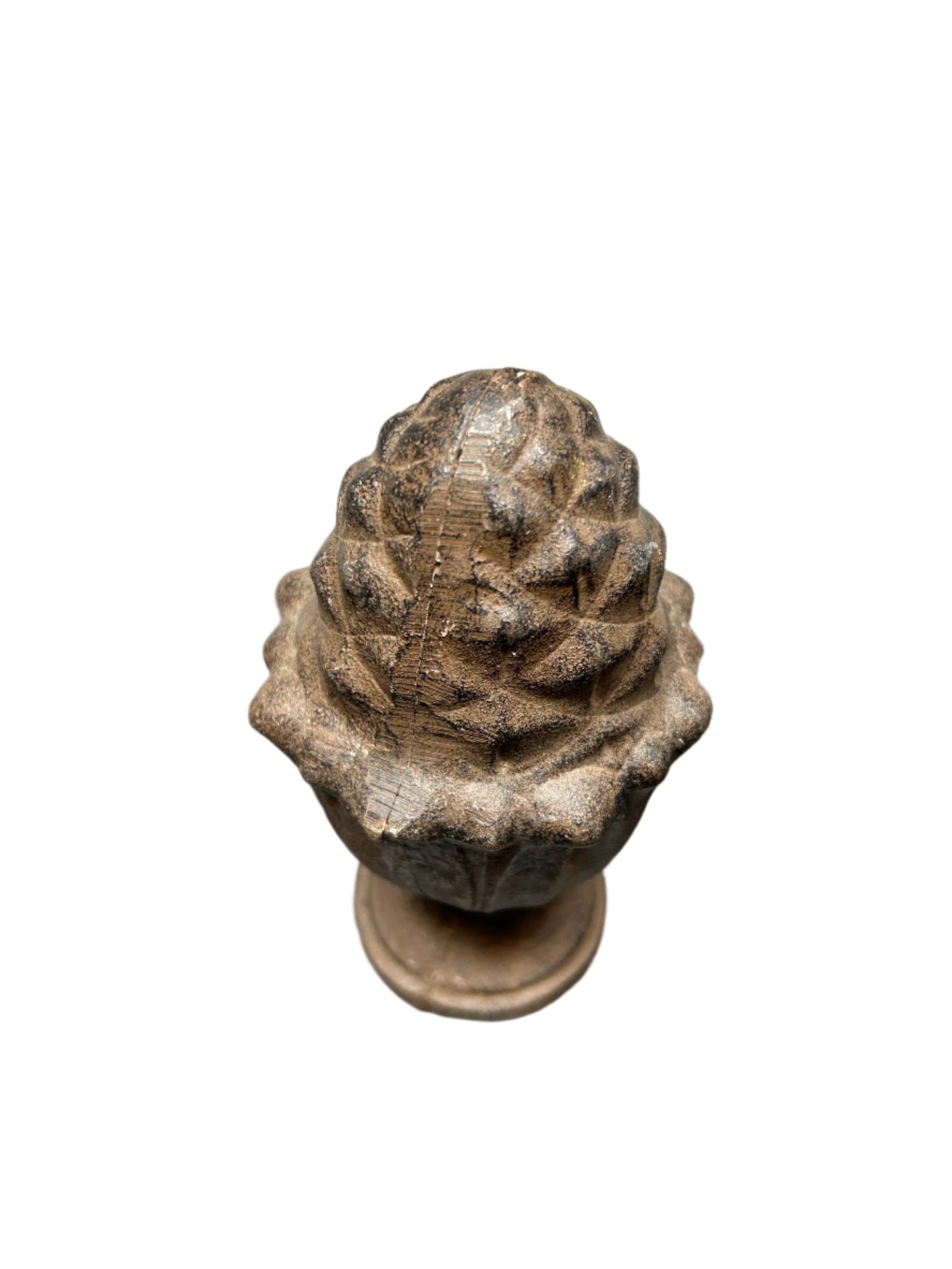 A Decorative Iron Acorn Finial shown from above against a white background, featuring a textured finish and visible central seam for a natural look.