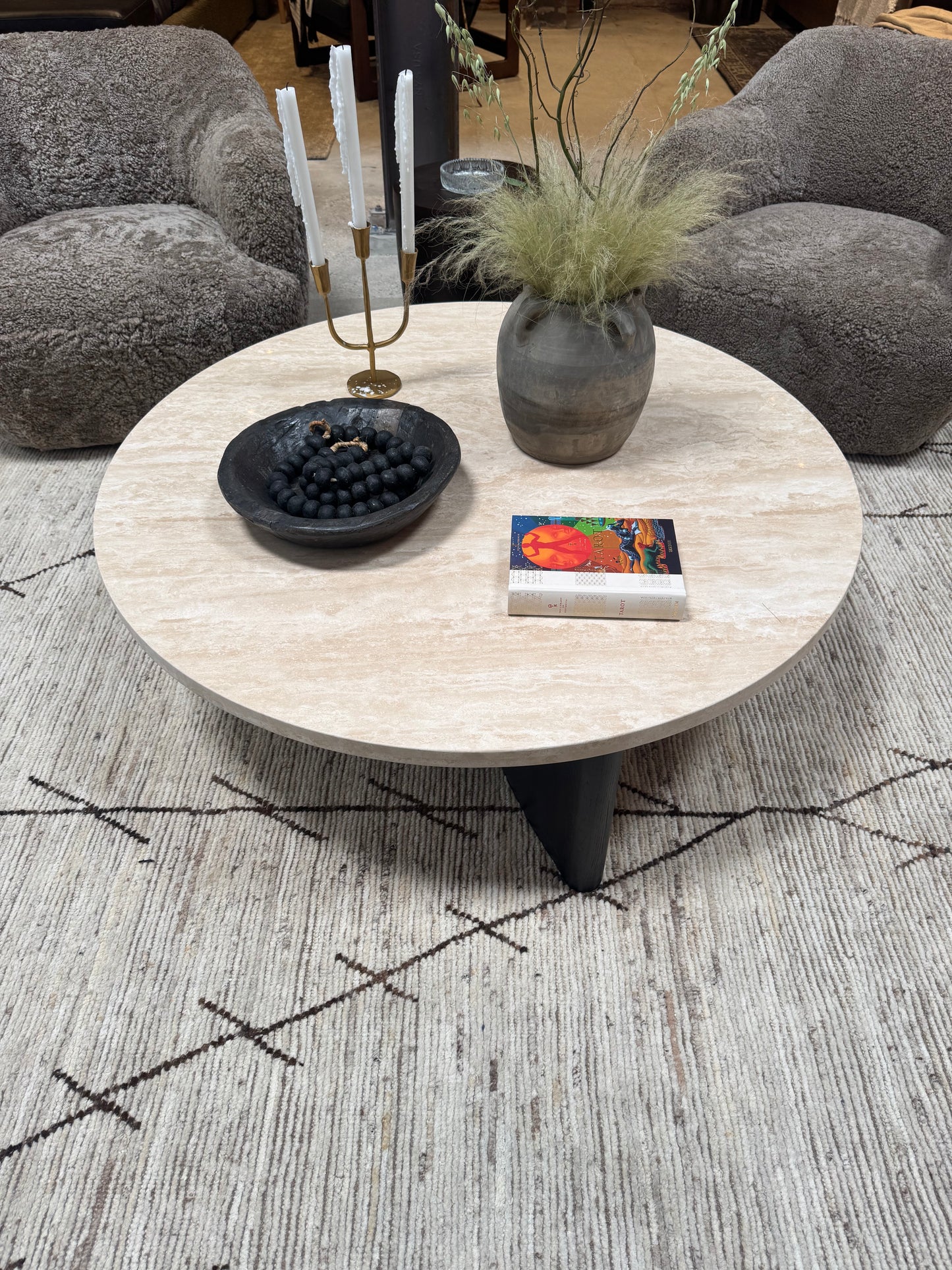 Travertine & Ebony Wood Plinth Coffee Table