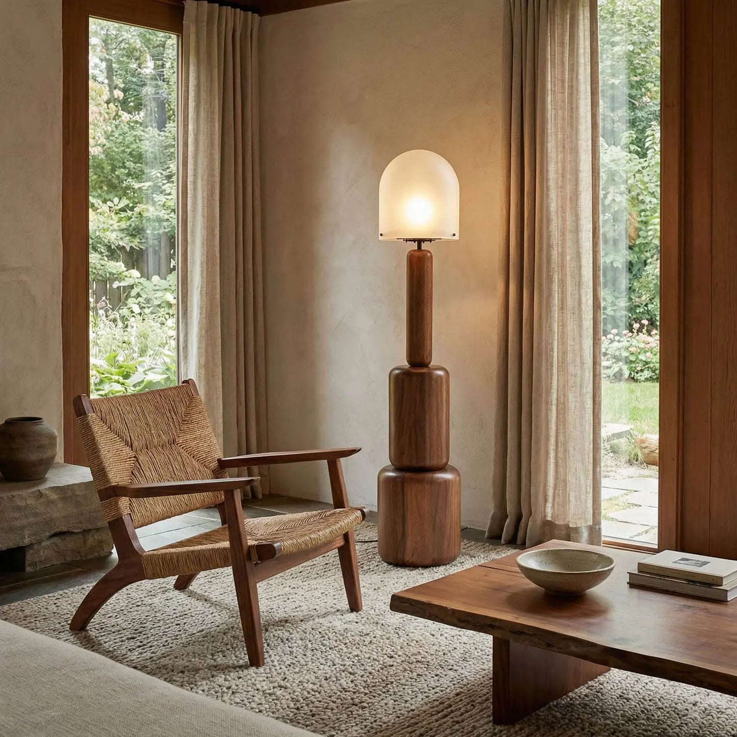 A cozy living room with large windows, beige curtains, a woven wooden chair, a textured rug, a low wooden coffee table, and the Totemic Floor Lamp with a frosted glass dome. Greenery can be seen outside.
