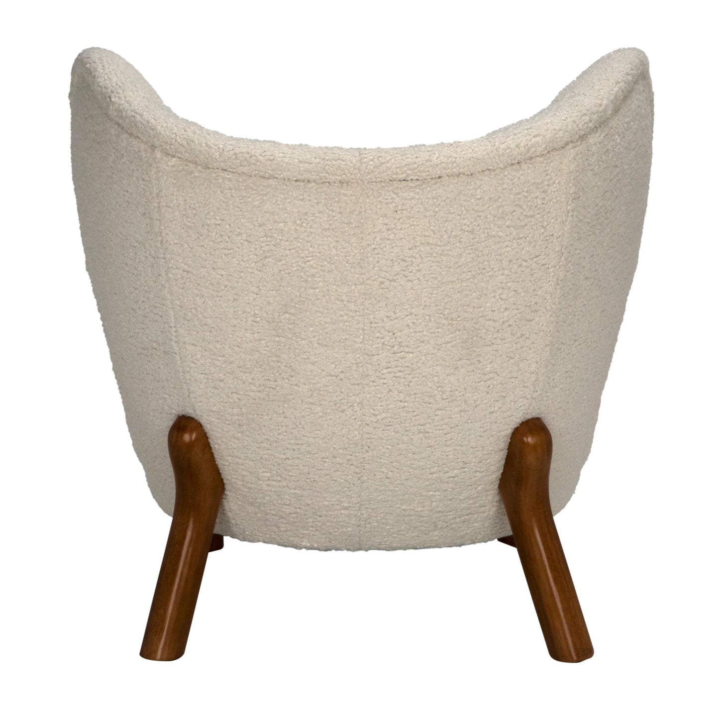 The Sherpa Occasional Chair features cream-colored textured upholstery, wooden legs, a curved backrest, and measures 31W x 30D x 31H—offering a stylish modern accent with comfortable support, as seen from the back.