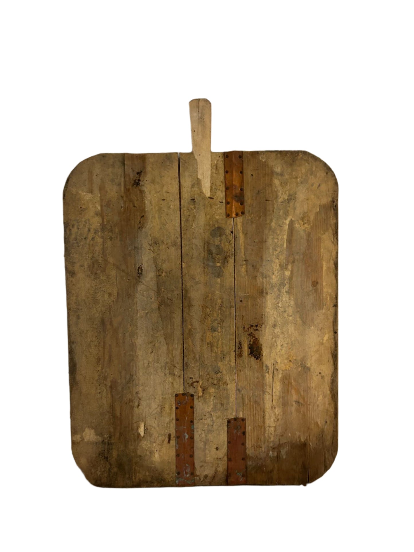 A worn Mixed Wood Cutting Board, rectangular with a short handle, measures 23"W x 32.5"D. The wood shows grain, discoloration, and two metal repair plates from age and use. White background.