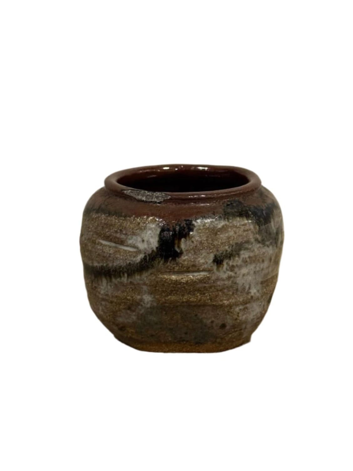 The Multicolor Petite Glaze Pot is a small, round ceramic piece (4x3.2 inches) with a wide opening, brown base, and black and white glaze streaks, shown against a plain white background.