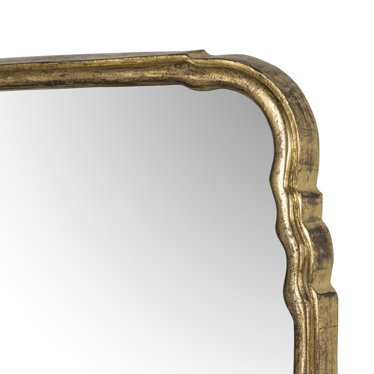 Close-up of the Loire Mantle Mirror's corner, showcasing its ornate gold leaf frame with a distressed antique finish. The mirror glass is visible on the left.