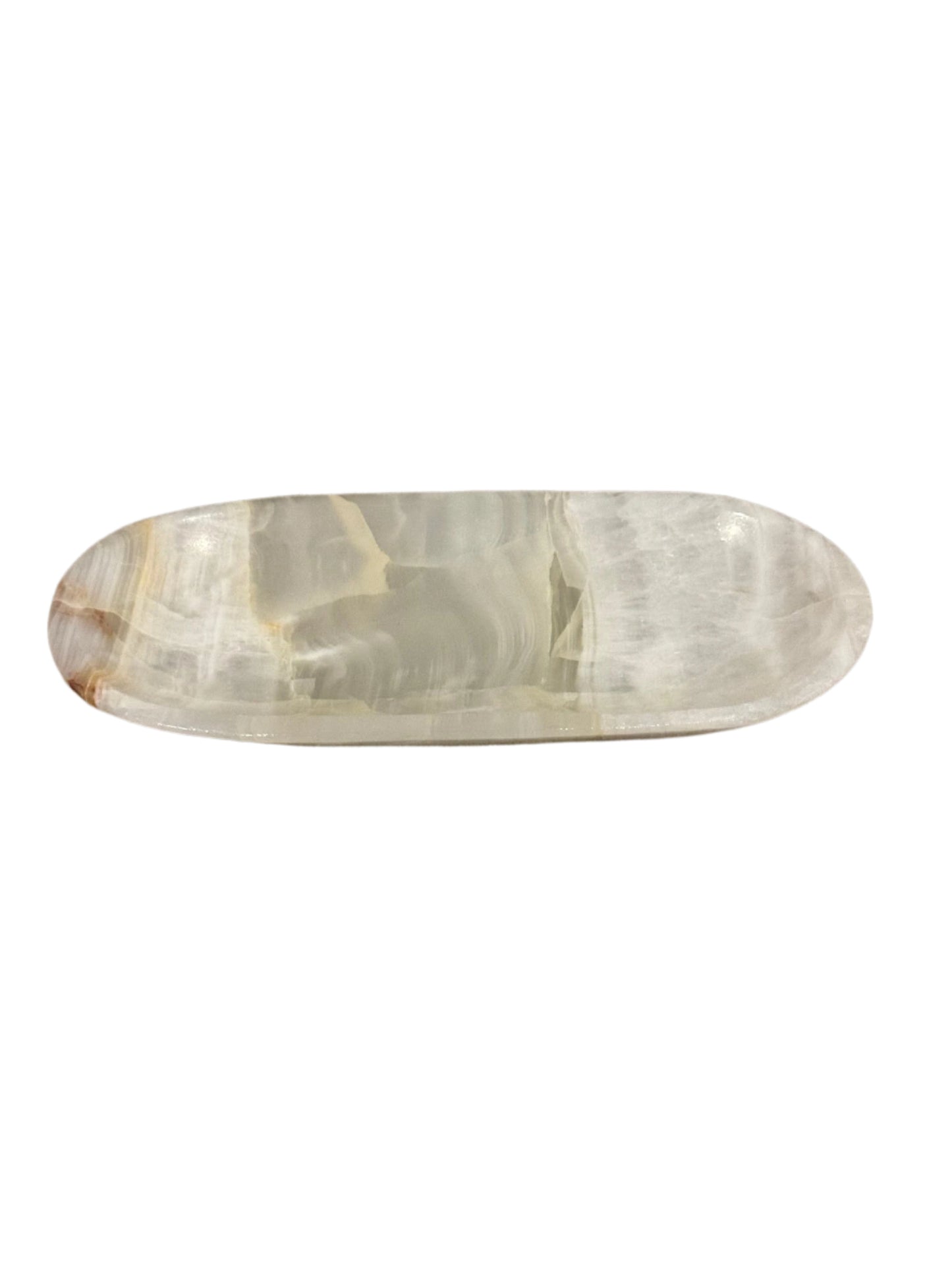 The Small Oval Onyx Tray features polished onyx with subtle beige and gray veining, bringing a touch of sophistication to any space. Its smooth, oval shape makes it an elegant décor piece. Shown on a white background.