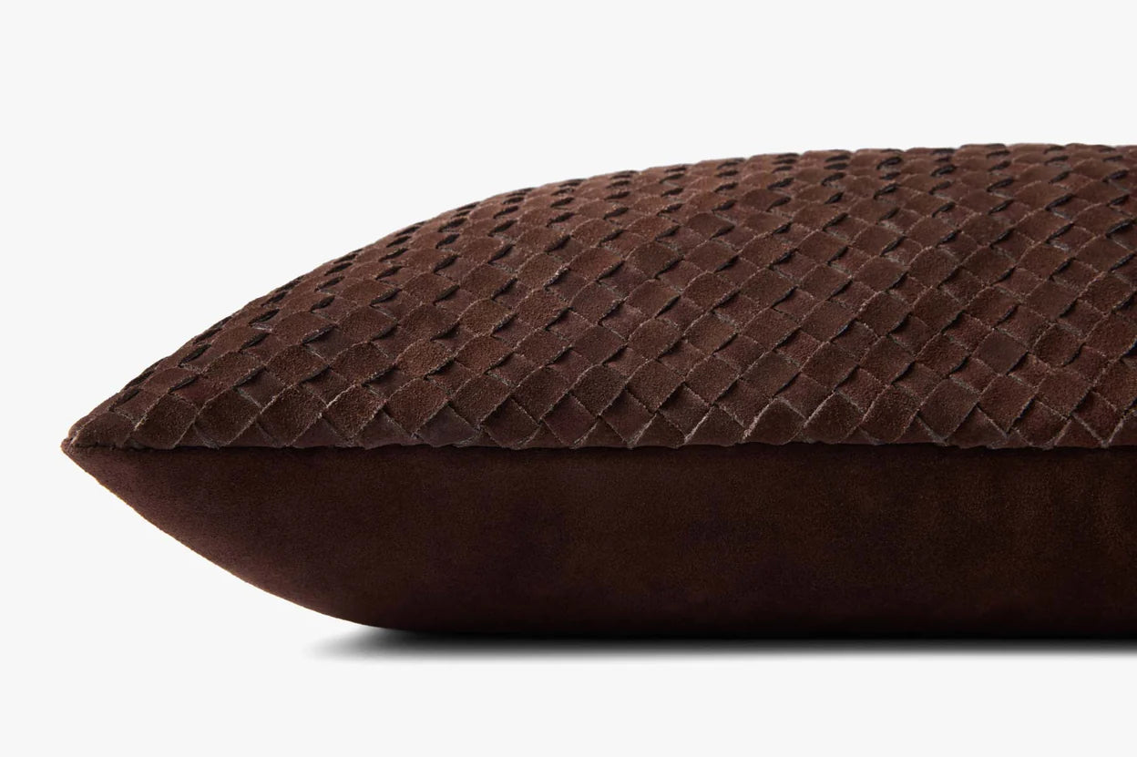 Basketweave Leather Lumbar Pillow - Deep Brown
