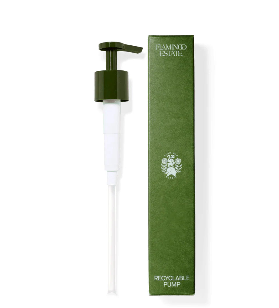 A green and white Flamingo Estate - Recyclable Pump with a springless, eco-friendly design stands beside its matching green box, both labeled “FLAMINGO ESTATE” and “RECYCLABLE PUMP” in white text.