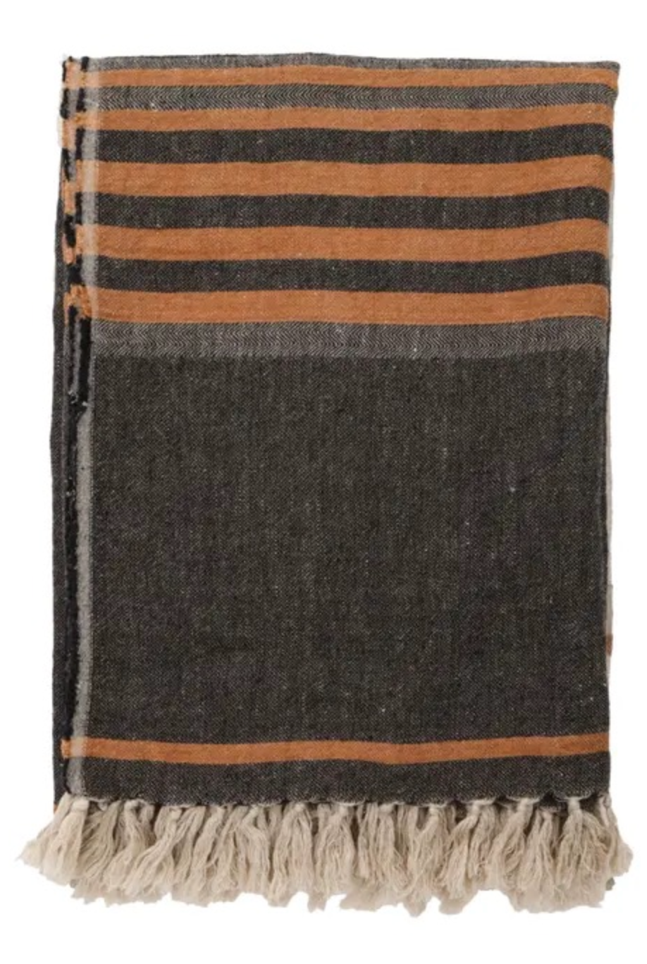 The Oversized Linen Throw features a folded dark gray textile with orange horizontal stripes, light gray fringe on one edge, and a textured woven look.