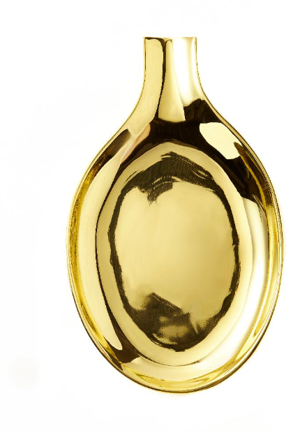 A shiny, golden Brass Spoon Rest Large with an oval shape and narrow neck, photographed against a plain white background.
