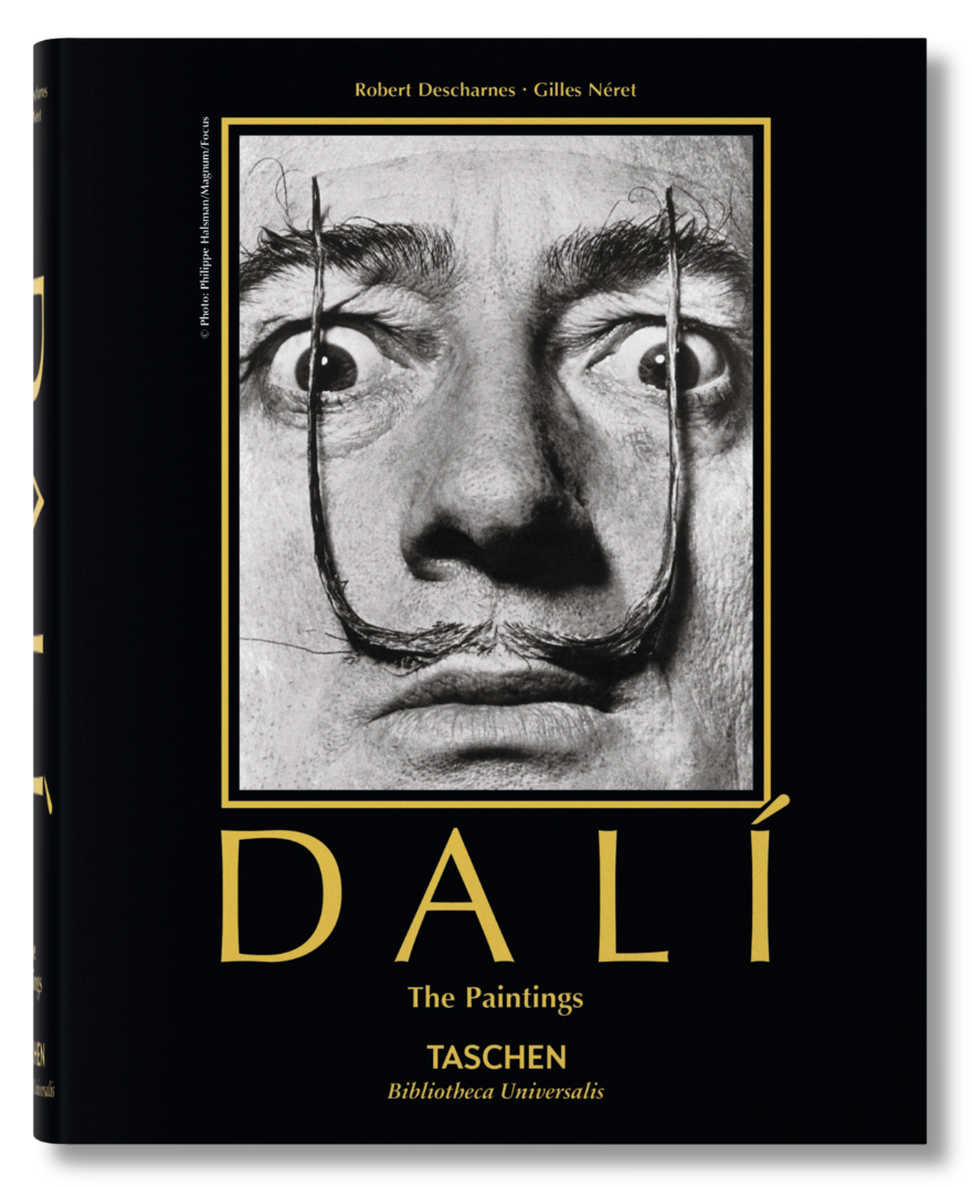 Black and white cover with a close-up of Salvador Dalí’s face and iconic mustache. Bold yellow “DALÍ” stands above “The Paintings,” highlighting his complete works in the Bibliotheca Universalis Edition.