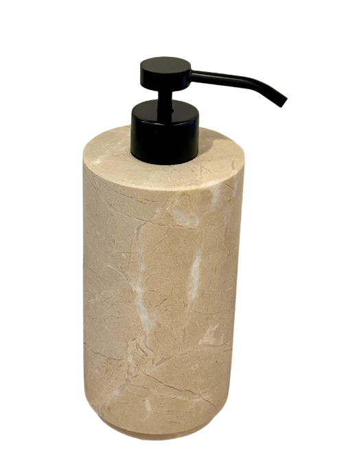The Stone Soap Dispenser - Beige features a honed marble finish, cylindrical design, black pump, and stands 7 inches tall. Shown against a white background.