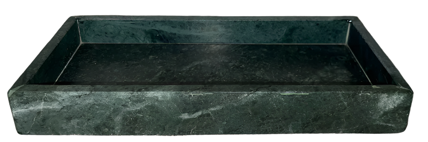 The Dark Green Marble Tray features a rectangular shape, raised edges, and an elegant dark green finish. Seen from the front against a white background, it measures 11.5 x 6 x 1.5 inches overall.