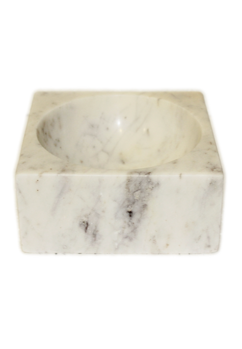 The Large Square Marble Concave Dish features subtle gray veining on white marble with a round, concave center—an elegant addition to any kitchen decor. Shown here against a plain white background.