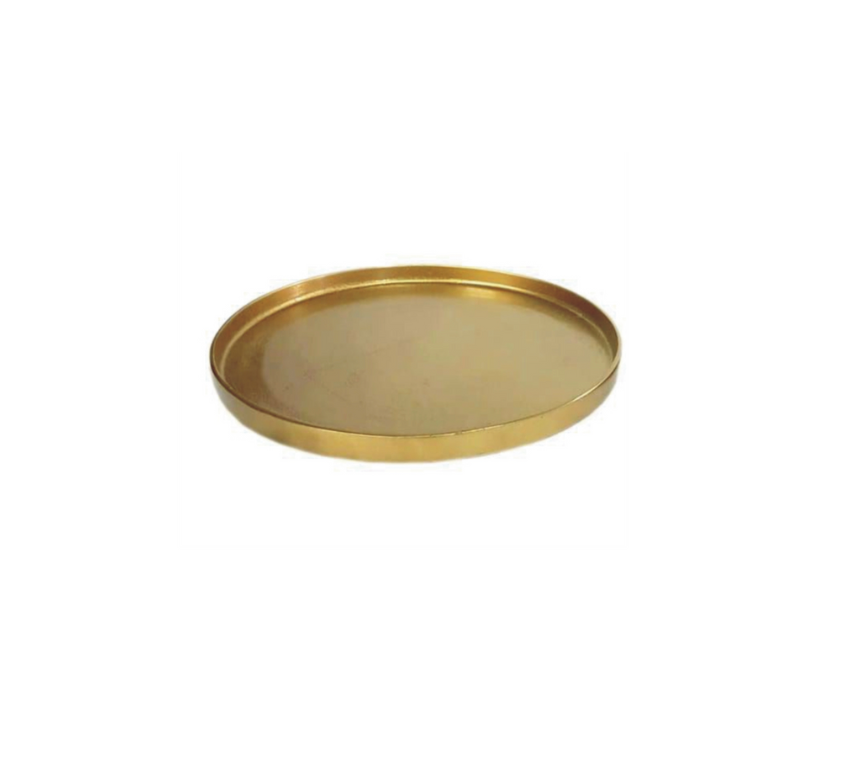 The Round Gold Metal Plate is a decorative tray featuring a flat, circular design with an aluminum gold finish and slightly raised edges, displayed against a plain white background.