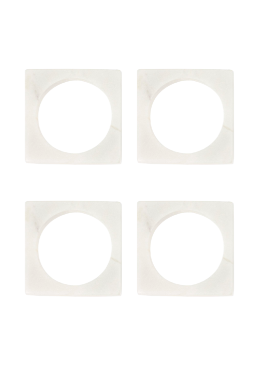 Two sets of Square White Marble Napkin Rings (set of 2), each with circular openings, are arranged in a grid on a plain white background.