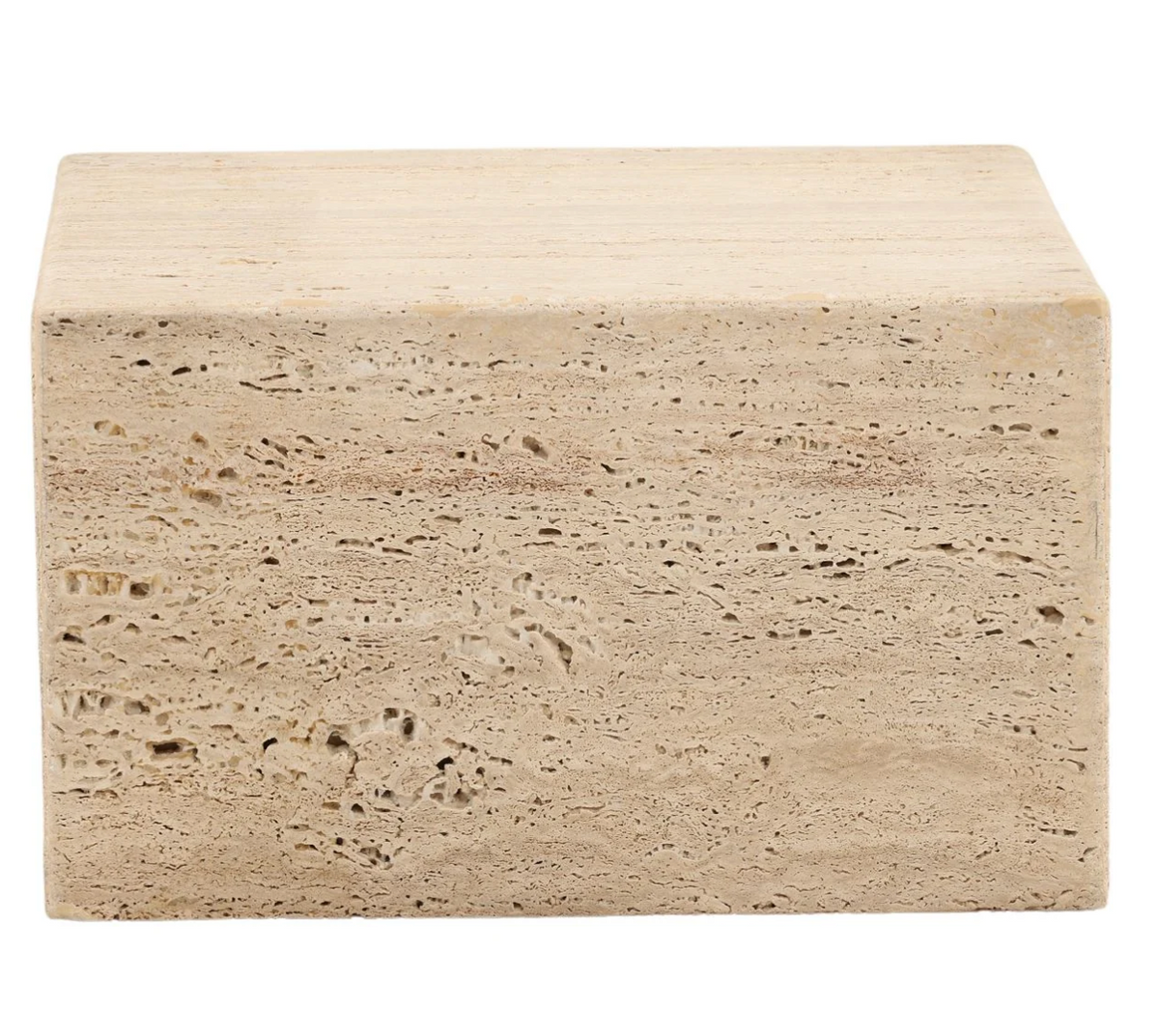 Travertine Coffee Table in a rectangular block of rough travertine with a textured, porous natural finish.