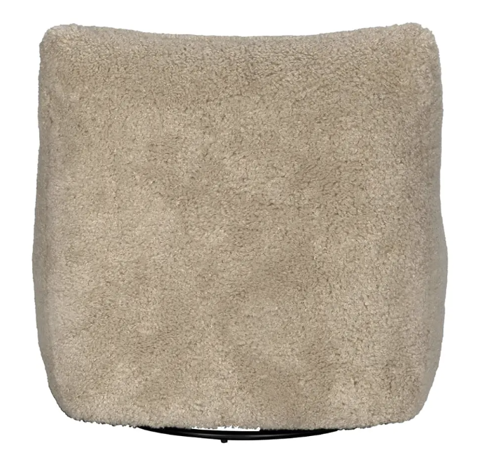 A modern swivel chair with a white square design, black base, and camel fabric upholstery—McCain Swivel Chair.