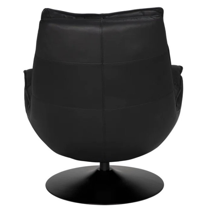The Dante Swivel Chair is a modern black leather club chair with rounded contours and a circular base, featuring top-grain leather, shown from the back against a white background.