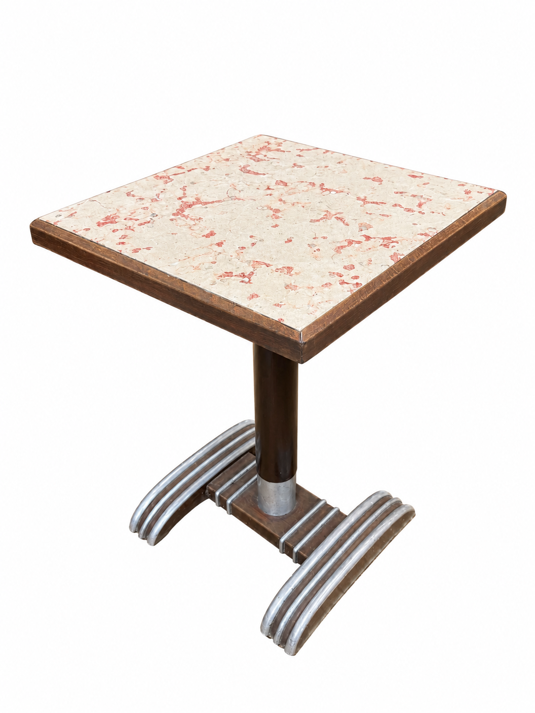The 1920s Square Art Deco Bistro Table features a marbled beige and red top, a dark central pedestal, and two curved ribbed metal feet—ideal for small spaces, shown isolated on a white background.