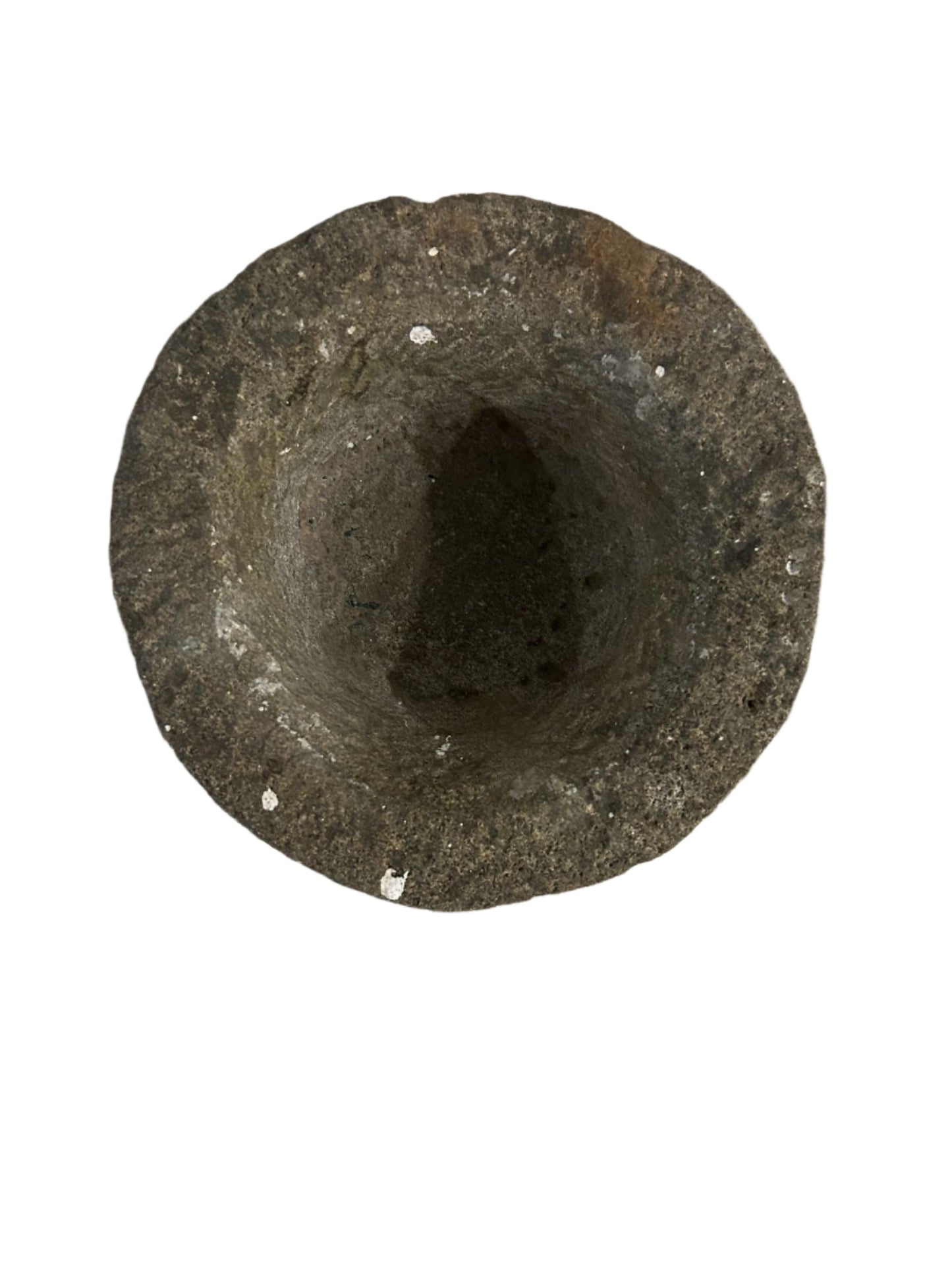 Top view of the Large Antique Stone Mortar, a unique round mortar with a rough texture and deep hollow center, measuring 6-8 inches in diameter, isolated on white—perfect for your kitchen collection.