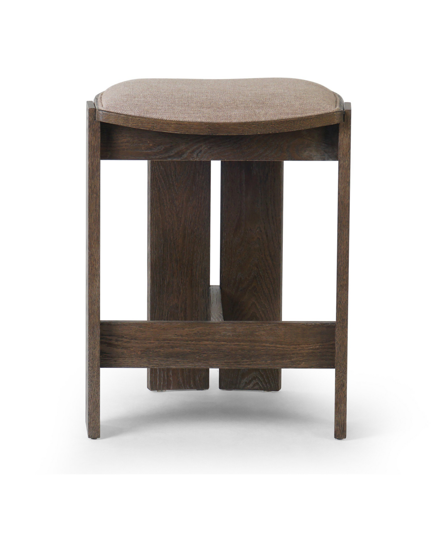 The Hoven Backless Bar + Counter Stool features a curved, padded brown seat and sturdy rectangular legs; shown against a white background. Overall dimensions: 19.5"W x 18.5"D x 26.5"H.