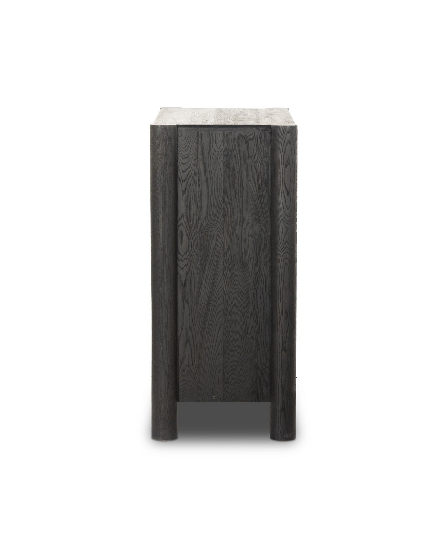 Side view of the Grid Bar Cabinet - Black Oak, featuring a smooth textured finish, two cylindrical legs, and solid oak construction. Dimensions: 42x20x43. Set against a plain white background.