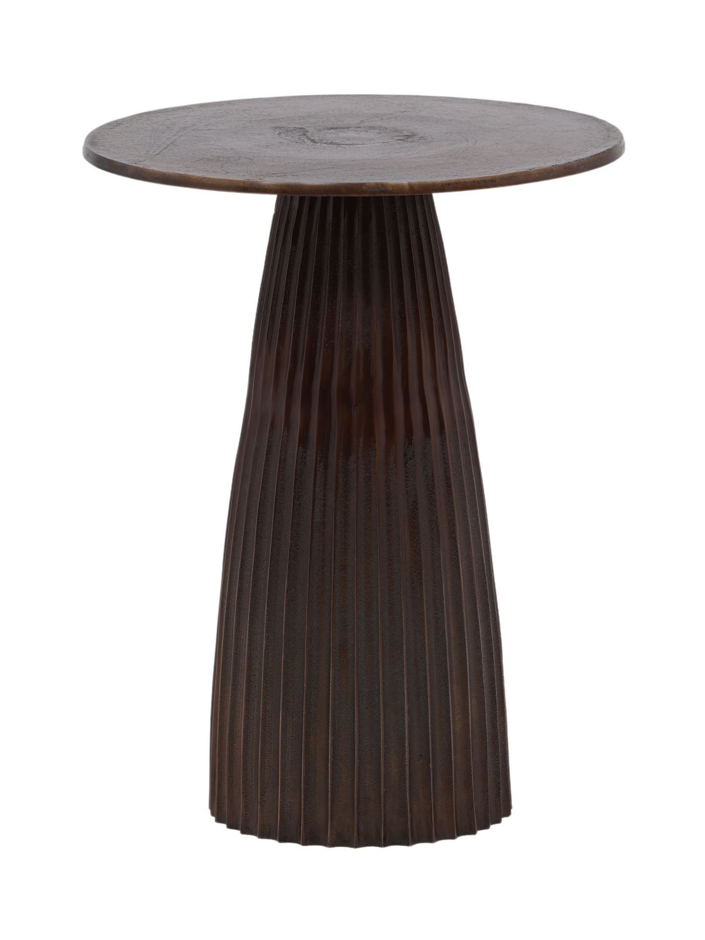 The Ribbed Base Tulip Side Table features a round cast aluminum top and a wide, fluted base, all finished in antique bronze.