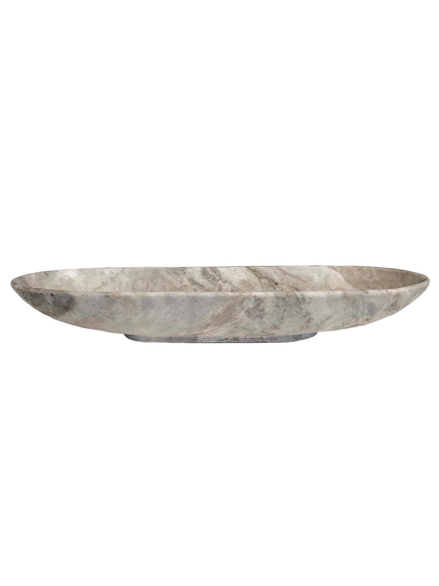 The Natural Marble Oblong Bowl is a shallow, oval-shaped dish made from white marble with natural veining, resembling a petite slab and shown against a white background.