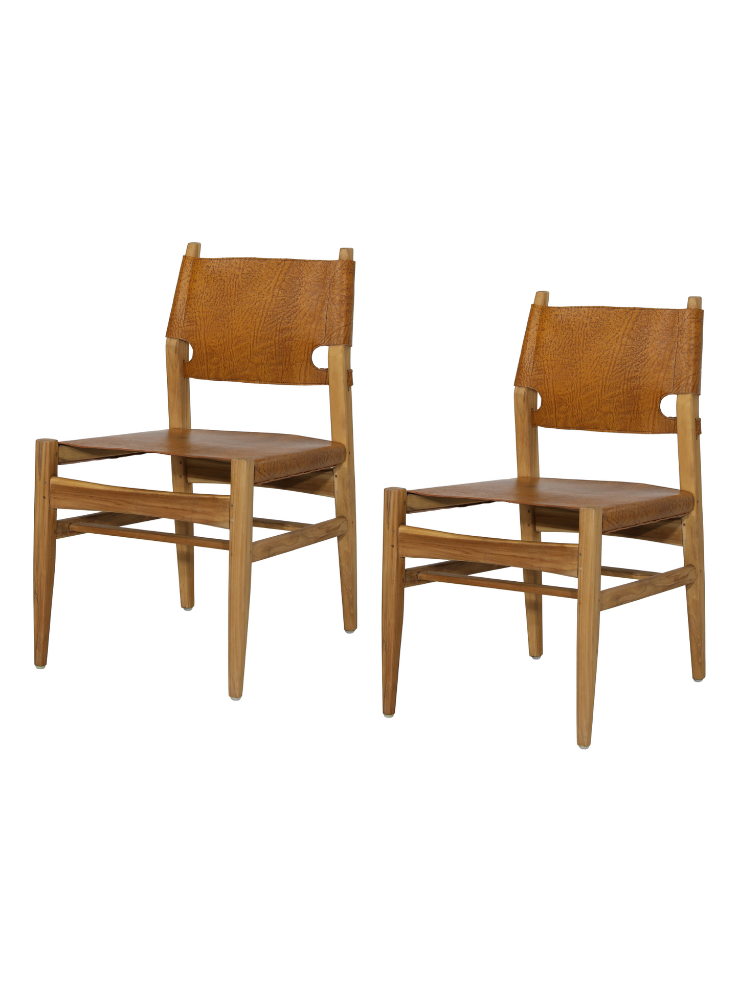 Leather & Teak Wood Dining Chairs - Set of 2