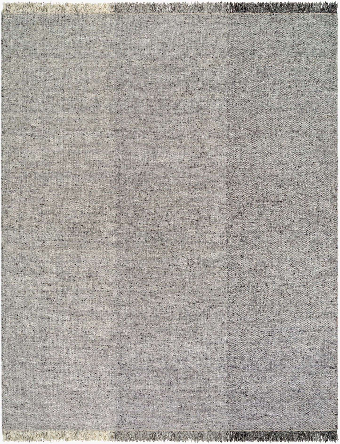 The Hand Loomed No Pile Grey Rug, 8'x10', features a visible texture, fringed short edges, and a subtle gradient from light to dark gray across its rectangular woven surface.