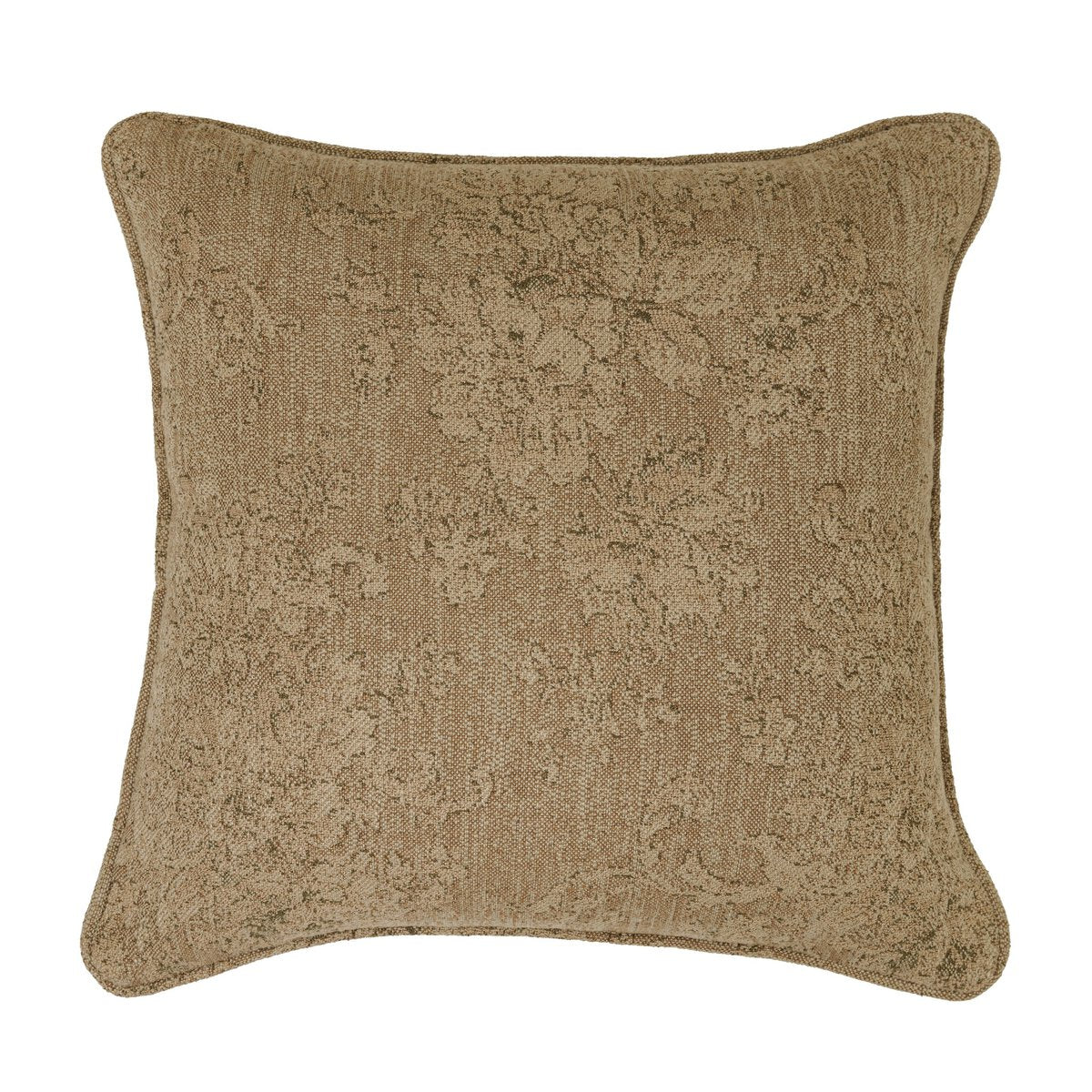 The Damask Linen Pillow is a 20x20 square throw with a textured floral pattern in light brown and beige. Gently rounded edges and an elegant, understated style make it a refined addition to any space.