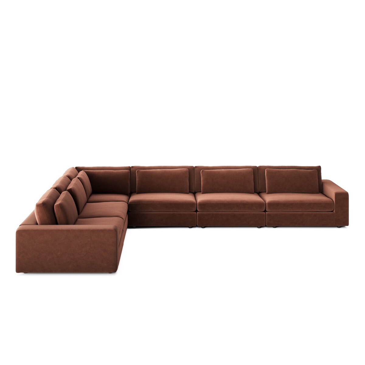The 6pc Low Modern Sectional is a large L-shaped sofa in brown fabric with wide armrests and plush cushions, offering inviting comfort as a stylish living room centerpiece, shown here against a plain white background.