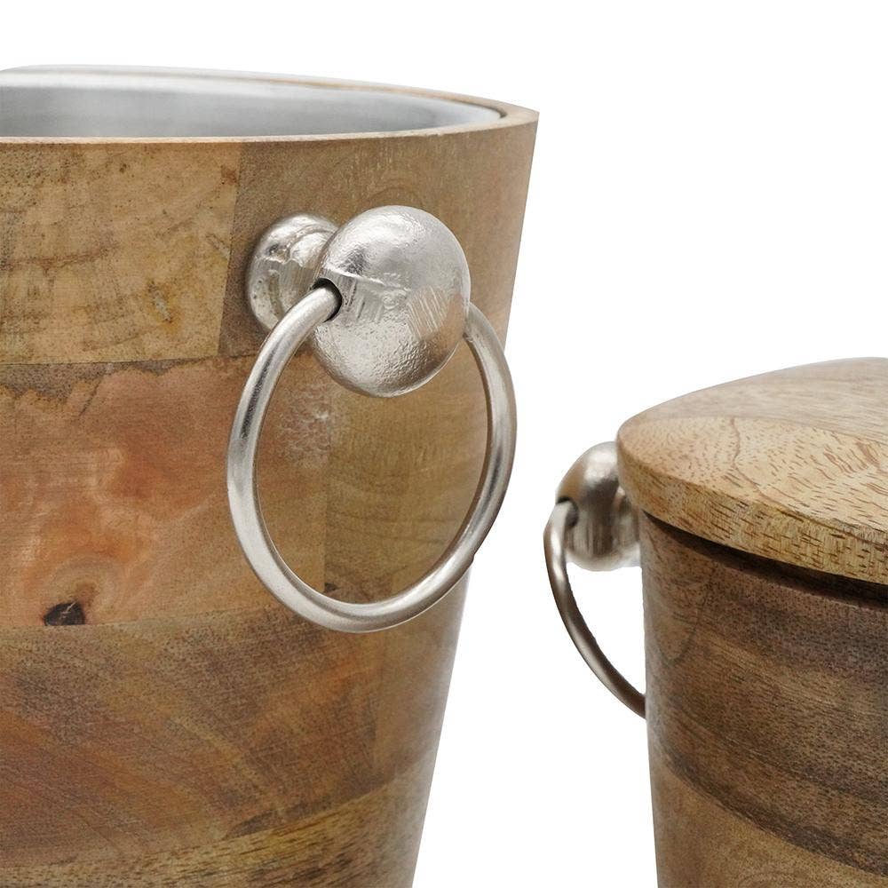 Set of 2 Mango Wood Bar Buckets—one lidded, one open—both with polished metal rings and handles, ideal for stylish drink storage or as a beverage cooler.
