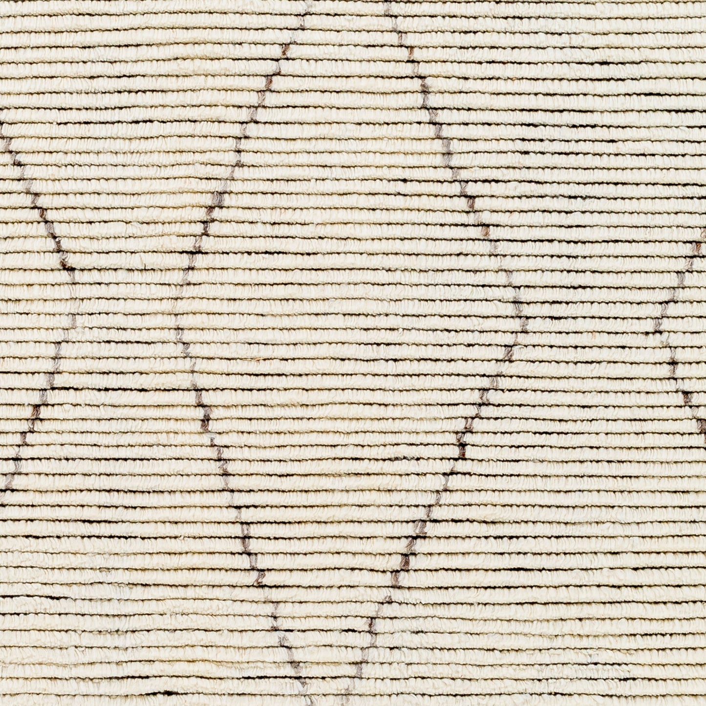 Close-up of the Diamond Fringe Rug Ivory (8 x 10), a hand-knotted wool rug in cream with slim horizontal lines and a subtle diamond pattern formed by darker, slightly irregular lines.