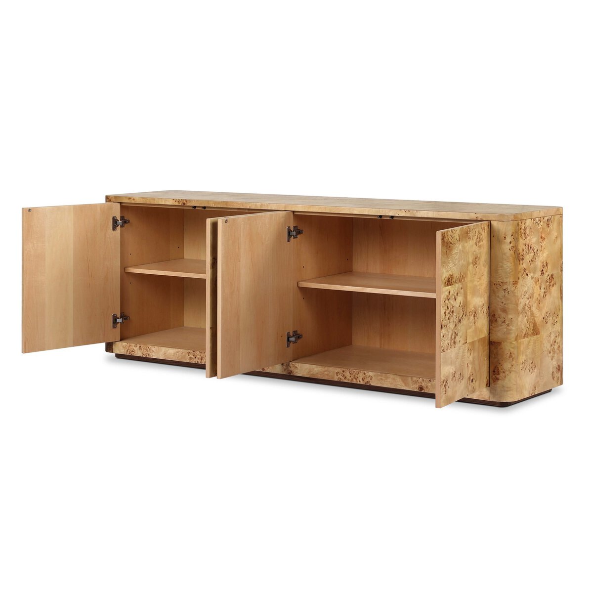 The Natural Burl Media Console is a rectangular wooden sideboard with a natural wood finish, featuring two open cabinet doors and built-in shelving for organized storage.