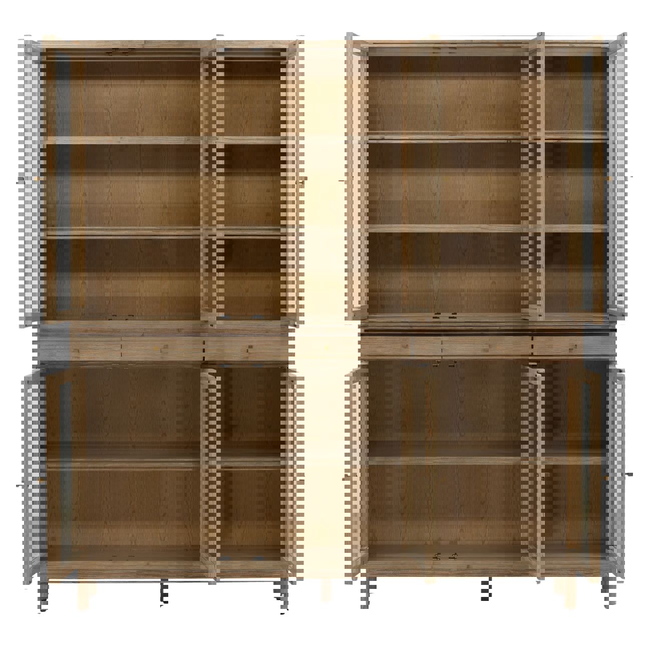 Four large Pine Wood Large Cabinets with multiple adjustable shelves are arranged side by side in a grid pattern against a white background.