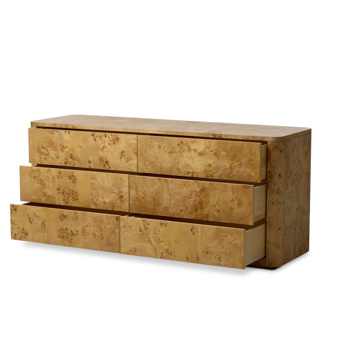 The Burl Wood Dresser - 6 Drawers features a light burled wood finish, smooth rounded edges, and a sleek minimalist design. Six drawers, including two partially open, and subtle color variations enhance its modern appeal.