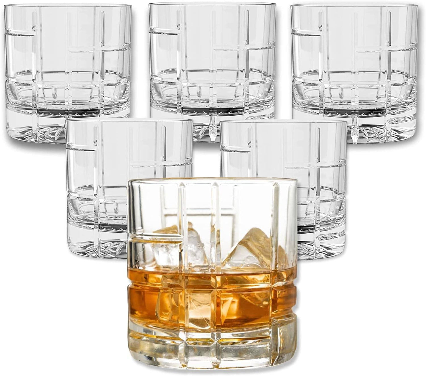 A LEMONSODA Premium Double Rocks Whiskey Glass (12oz) is filled with whiskey and ice, showcasing its geometric pattern—an ideal addition to any home bar collection.