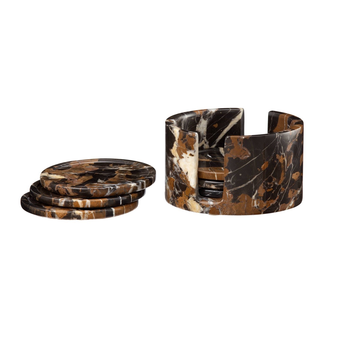 The Dionysus Collection Black & Gold Marble 6 Piece Coaster Set features round, polished marble coasters with striking patterns, displayed stacked in a matching holder and partially fanned out for an elegant look.
