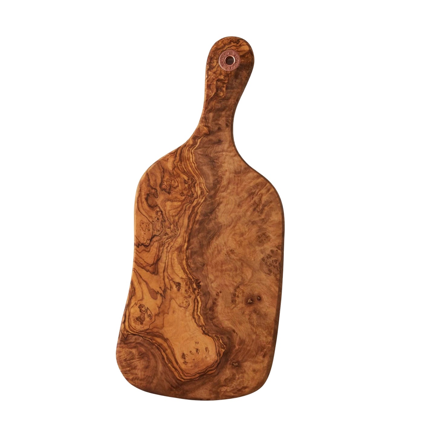 The Olivewood Board is a wooden cutting board with a handle, an asymmetrical rounded shape, natural wood grain, and a small hole at the handle’s end. It is shown on a white background.