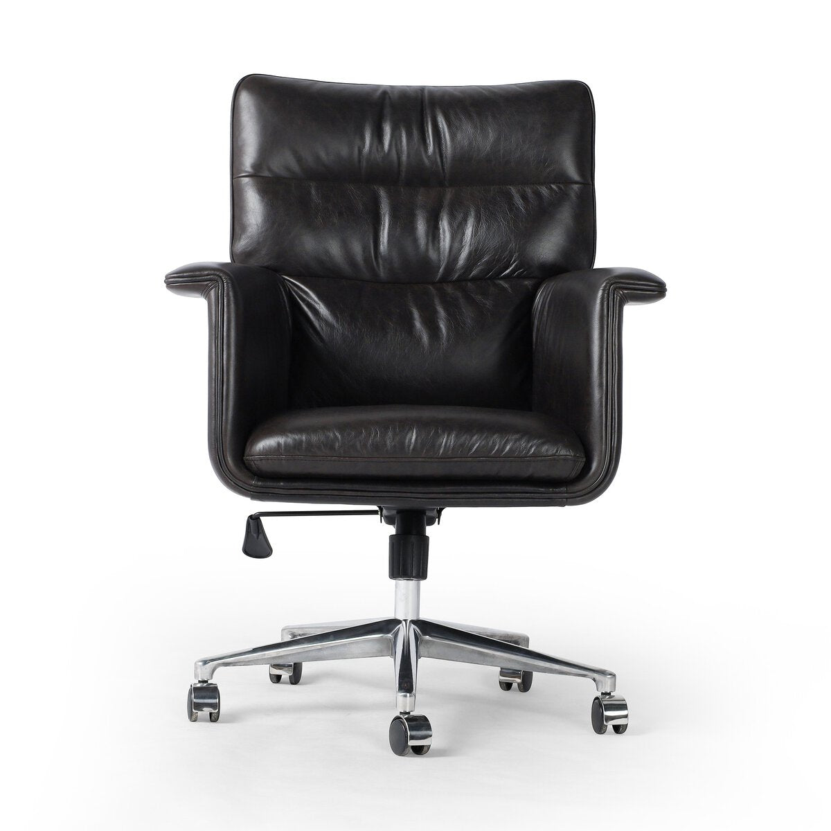The Wing Arm Desk Chair features black leather upholstery, padded seat, backrest, and armrests on a chrome swivel base with five caster wheels, viewed from the front against a white background.
