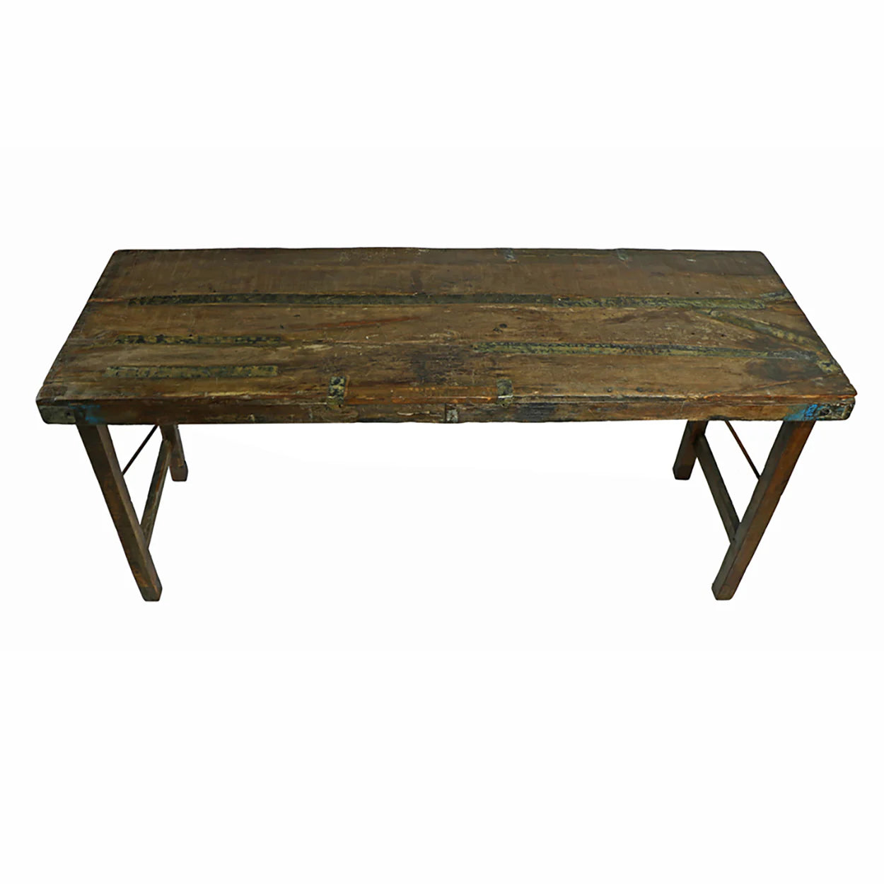 The Indian Wedding Console Table features a rustic, handcrafted design with a weathered surface and sturdy, simple legs, displayed against a white background.
