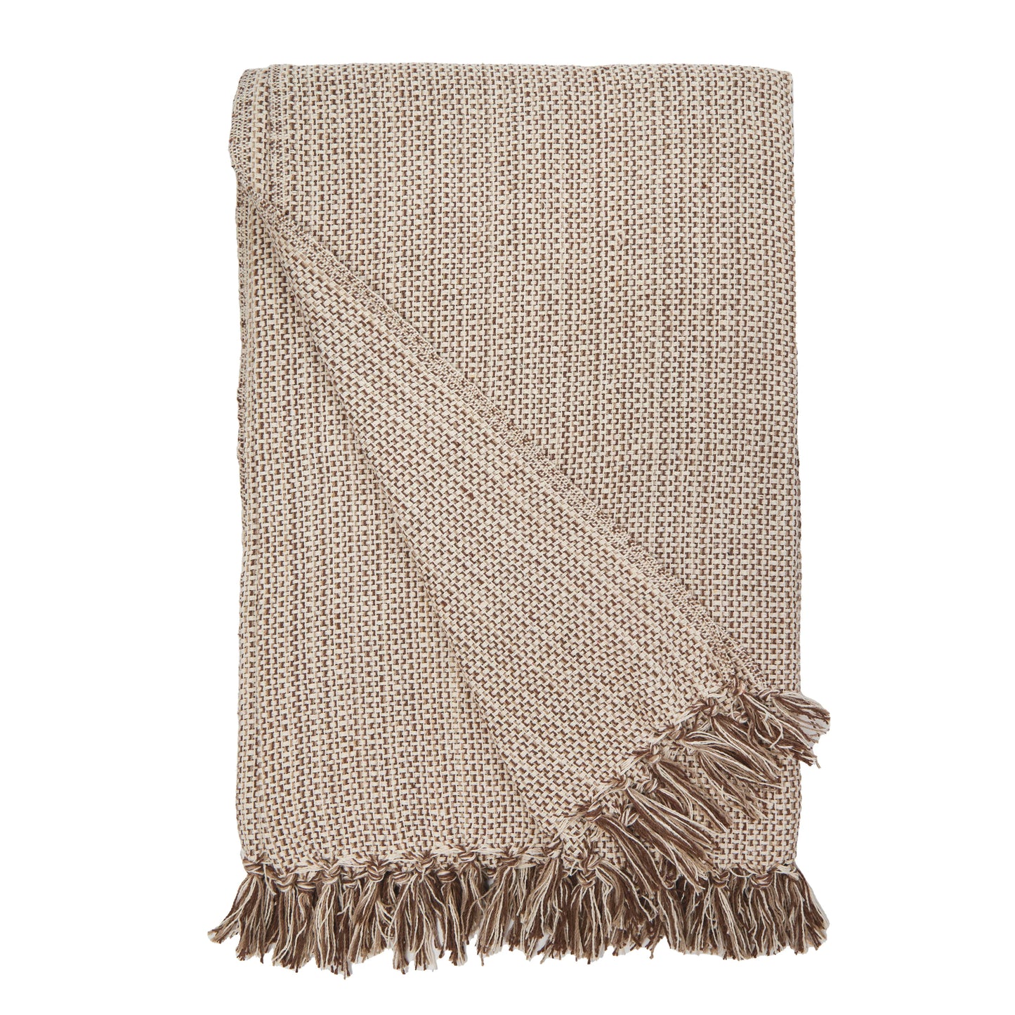 A folded Walnut Throw Blanket in beige and brown with tassels on the ends, displayed on a white background, pairs beautifully with a 60 x 90 tablecloth for a warm and inviting setting.
