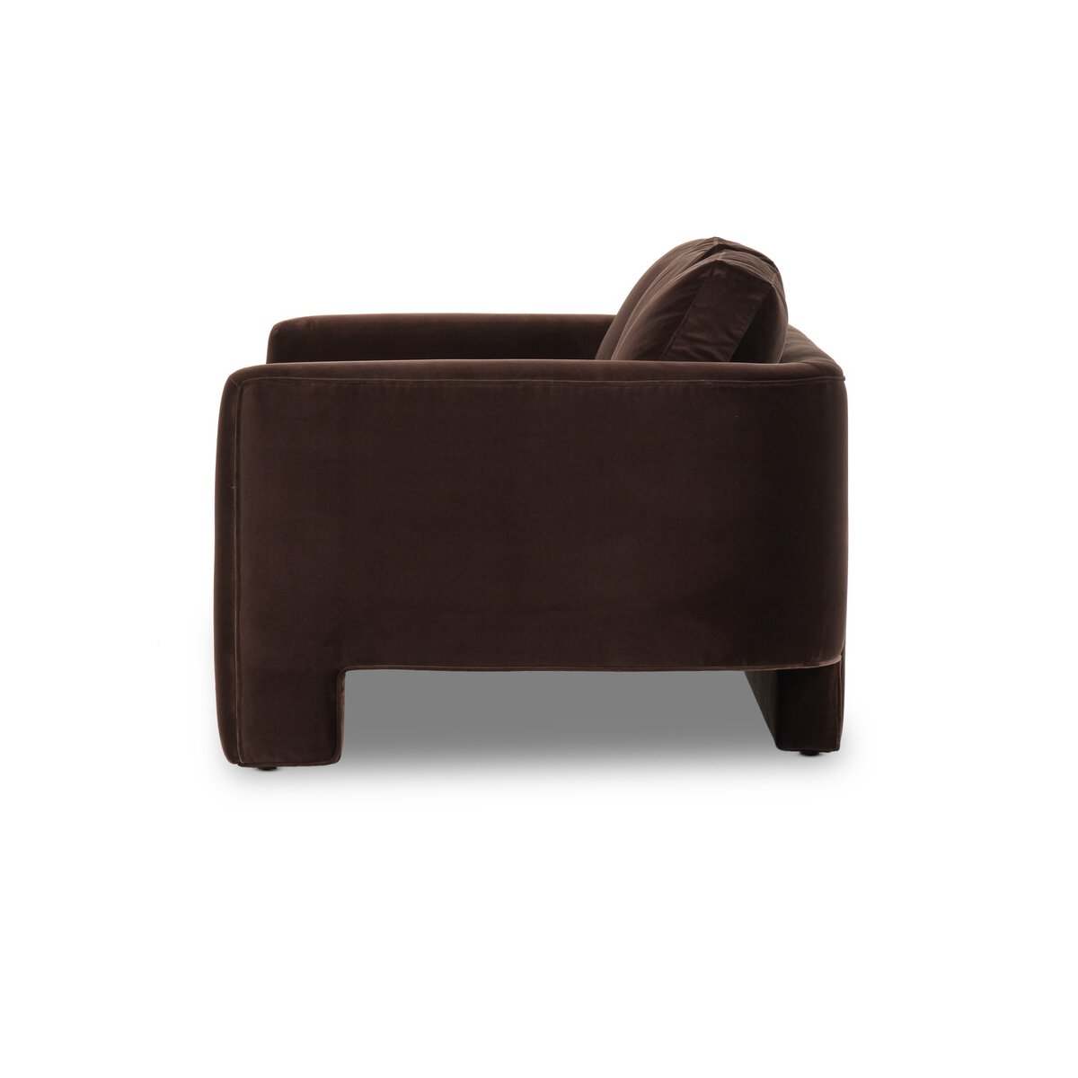Side view of the Katya Sofa, featuring a modern, dark brown upholstered design with a boxy shape and slim cushion, highlighting its sleek style and defined dimensions, isolated on a white background.
