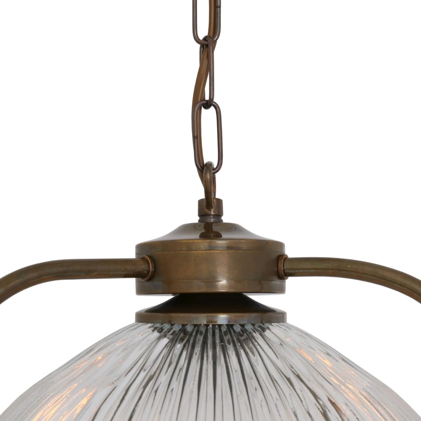 Ruched Pendant Light: A contemporary pendant fixture with a bronze finish, featuring an elegant ribbed glass shade suspended by a metal chain.