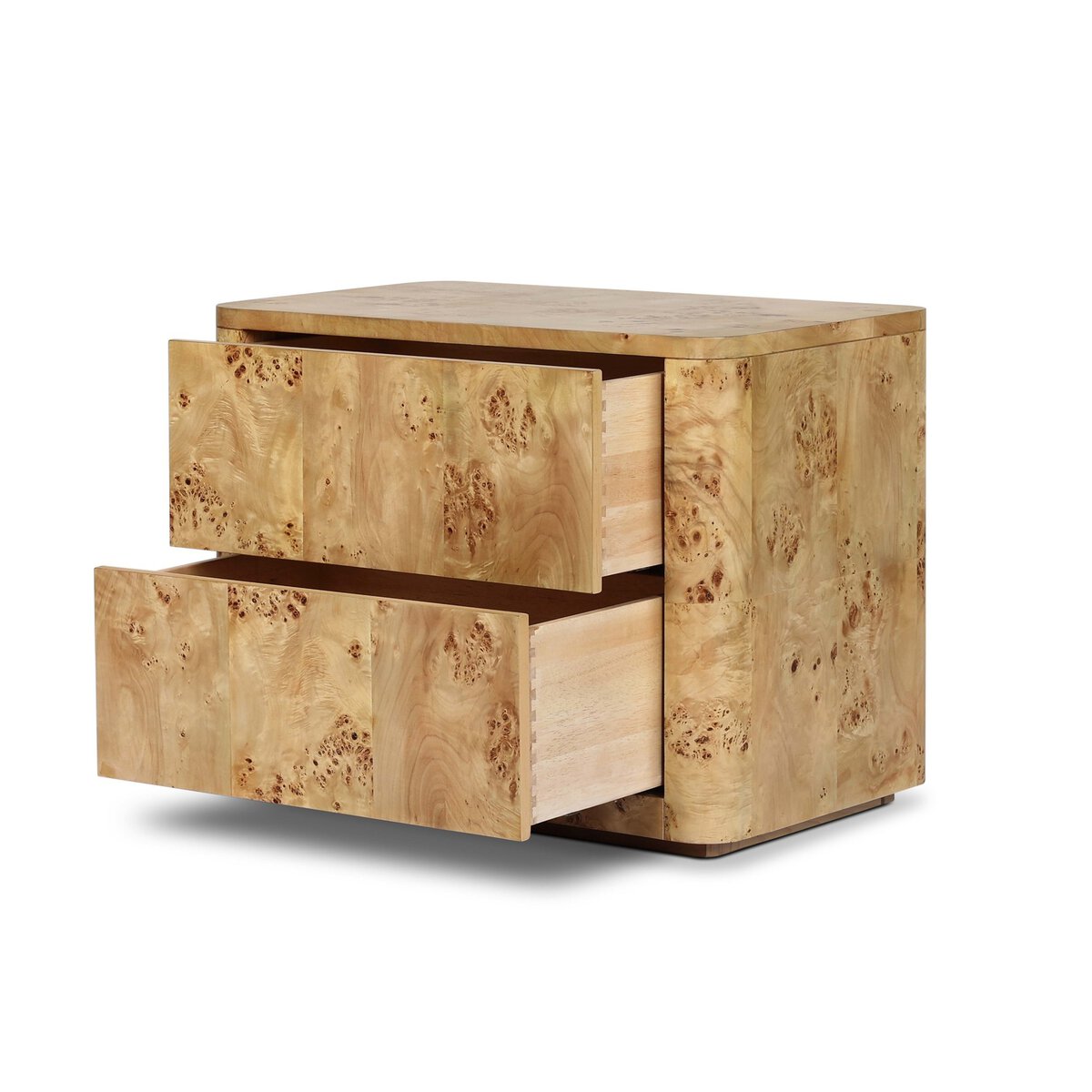 The Natural Burl Nightstand, made of wood with a light burl finish, has two slightly open drawers and is displayed against a crisp white background.