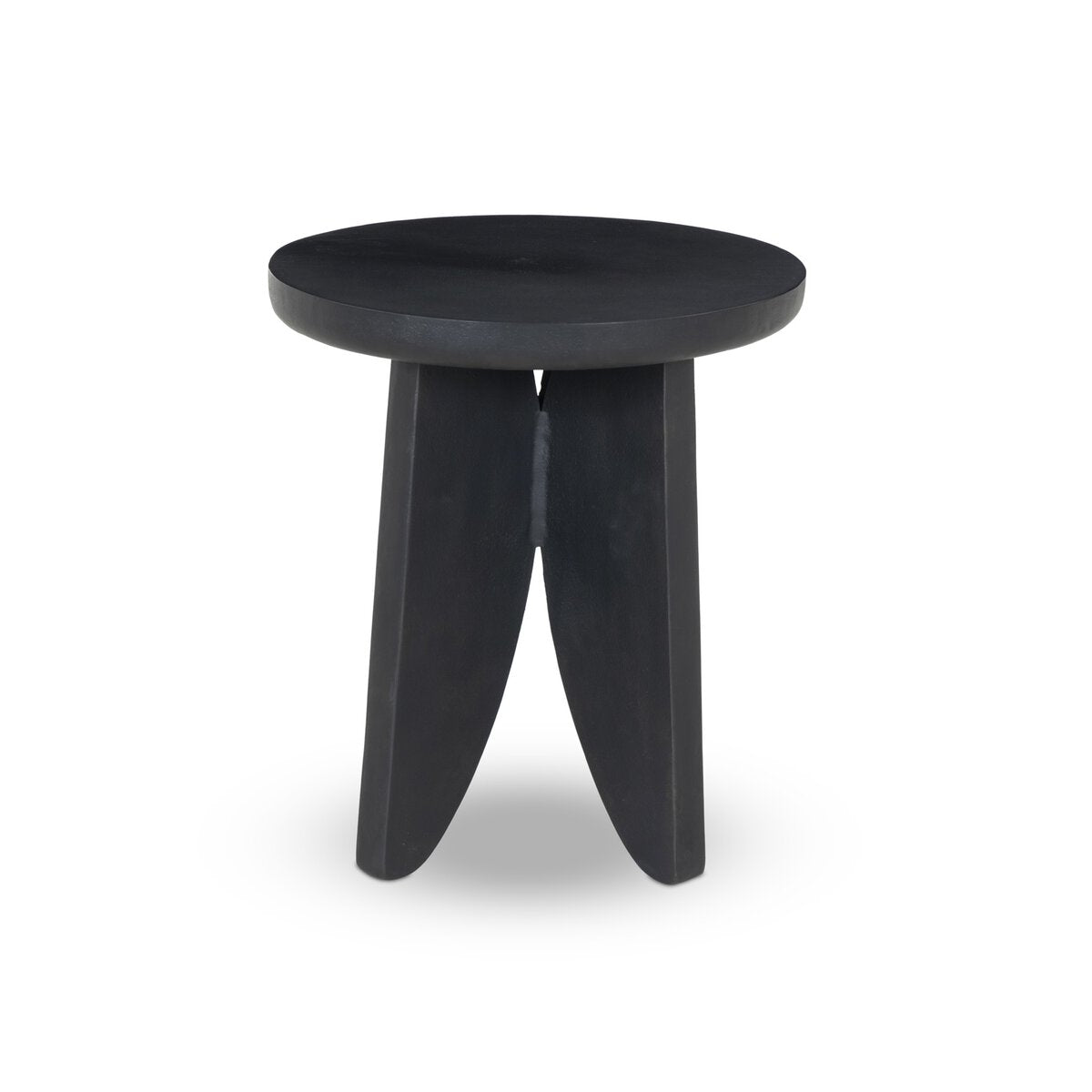 The Worth Outdoor End Table is a modern, round black accent table with three wide, uniquely shaped legs, displayed against a plain white background.